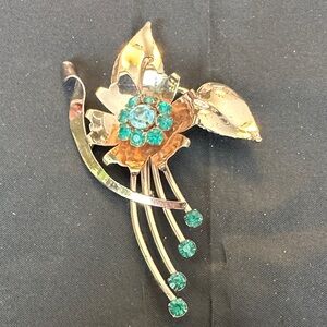 VINTAGE Sterling Silver 1940s Floral Spray Brooch - 20.6g Aqua Emerald Retro